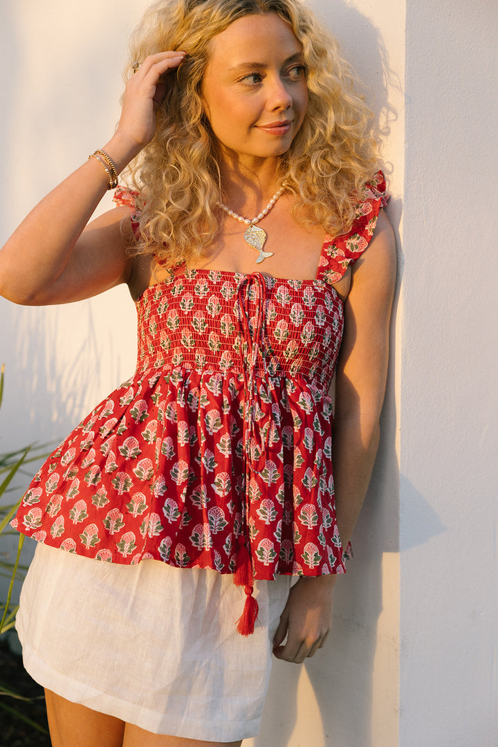 Margo Smocked Top - Cherry Red Block Print