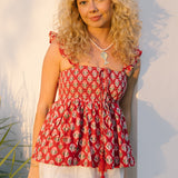 Margo Smocked Top - Cherry Red Block Print
