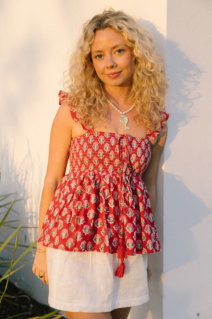 Margo Smocked Top - Cherry Red Block Print