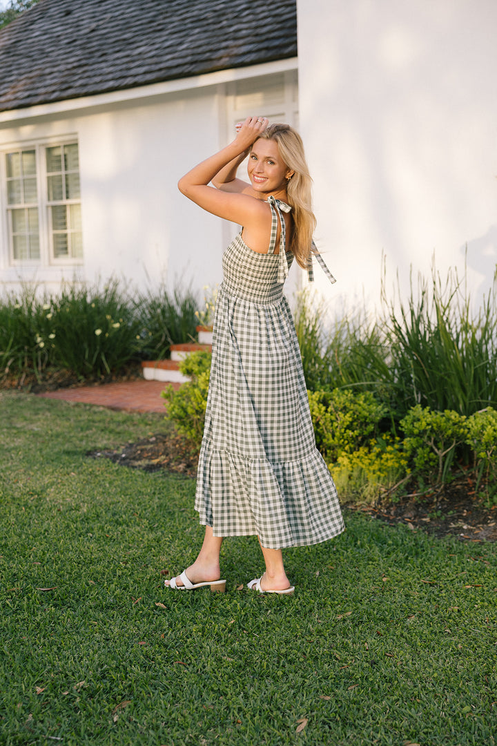 Ollie Smocked  Midi Dress- Dark Green Gingham