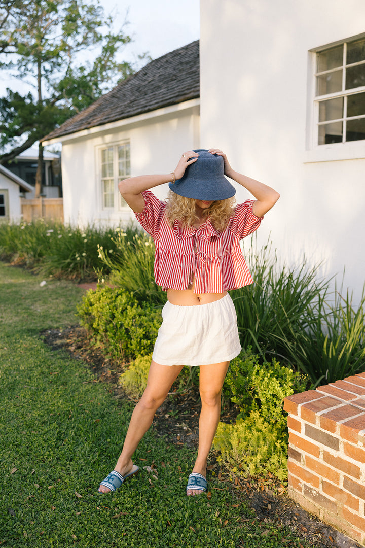 Lydia Peter Pan Collar Blouse - Red/White Striped (PREORDER)