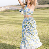 Valorie One Shoulder Maxi Skirt Set - White/Blue/Green Floral (PREORDER)