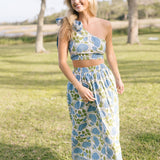Valorie One Shoulder Maxi Skirt Set - White/Blue/Green Floral (PREORDER)