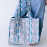 Stacey Floral Quilted Tote Bag - Light Sage/Blue
