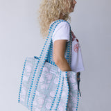 Stacey Floral Quilted Tote Bag - Light Sage/Blue