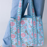 Mallory Floral Quilted Tote Bag - Aqua