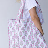 Mallory Floral Quilted Tote Bag - White/Light Pink