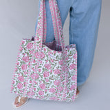 Addie Floral Quilted Tote Bag - White/Pink/Green