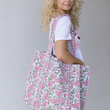 Addie Floral Quilted Tote Bag - White/Pink/Green