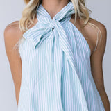 Ava Bow Sleeveless Mini Dress - Lt Sage Striped