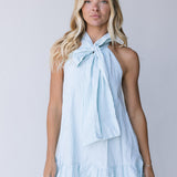 Ava Bow Sleeveless Mini Dress - Lt Sage Striped
