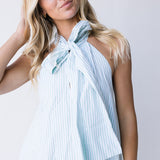 Ava Bow Sleeveless Mini Dress - Lt Sage Striped