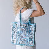 Sylvia Floral Mini Quilted Tote Bag - Auqa/Teal