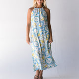 Harvest Island Halter Midi Dress - White/Blue/Yellow