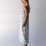 Harvest Island Halter Midi Dress - White/Blue/Yellow