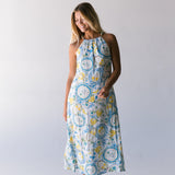 Harvest Island Halter Midi Dress - White/Blue/Yellow