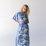Veronica Linen Floral Skirt Set-Off White/Blue