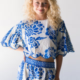 Veronica Linen Floral Skirt Set-Off White/Blue