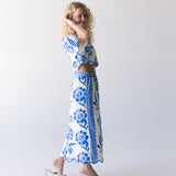 Veronica Linen Floral Skirt Set-Off White/Blue