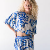 Veronica Linen Floral Skirt Set-Off White/Blue