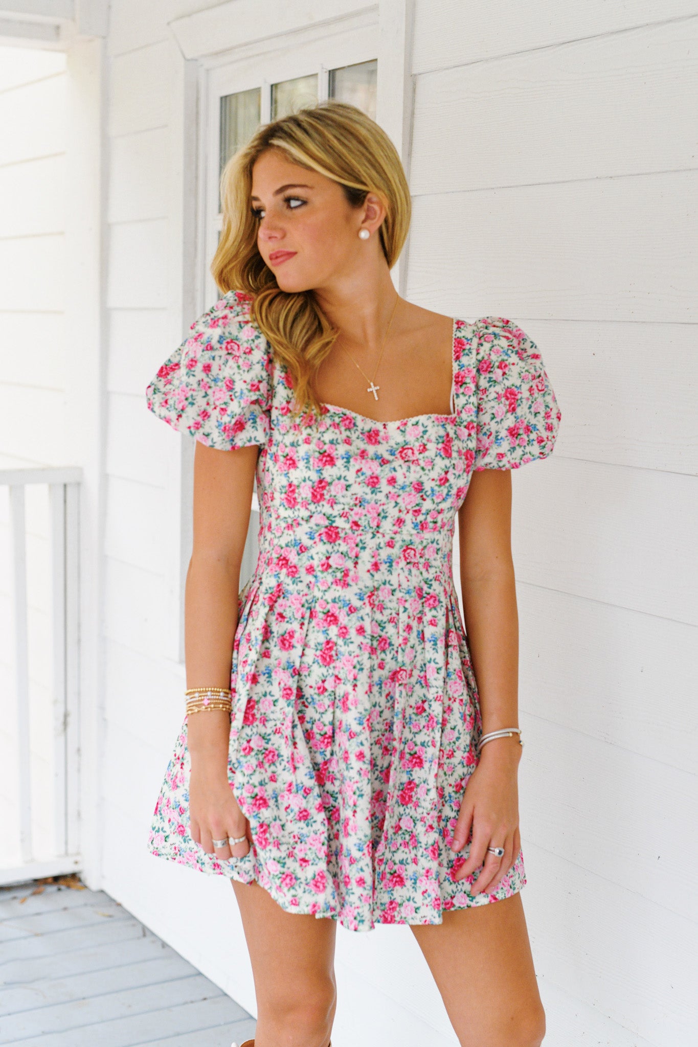 Madison Floral Puff Sleeve Square Neck Mini Dress - Off White