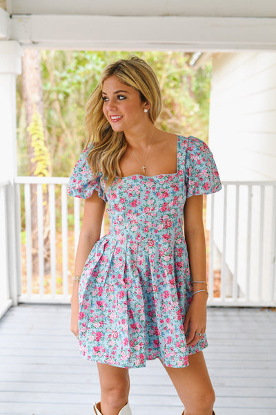 Madison Floral Puff Sleeve Square Neck Mini Dress - Blue