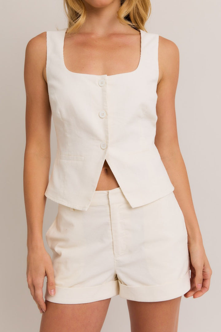 Clara Sleeveless Scoop Button Down Set - Cream