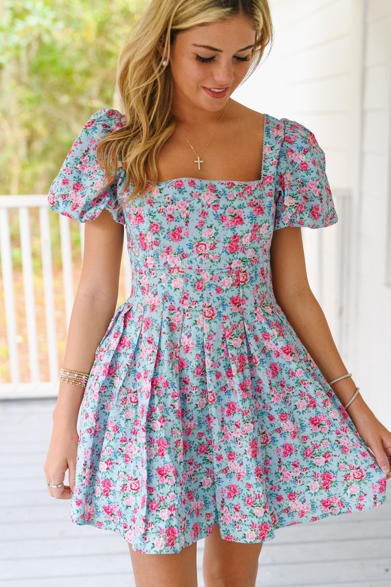 Madison Floral Puff Sleeve Square Neck Mini Dress - Blue