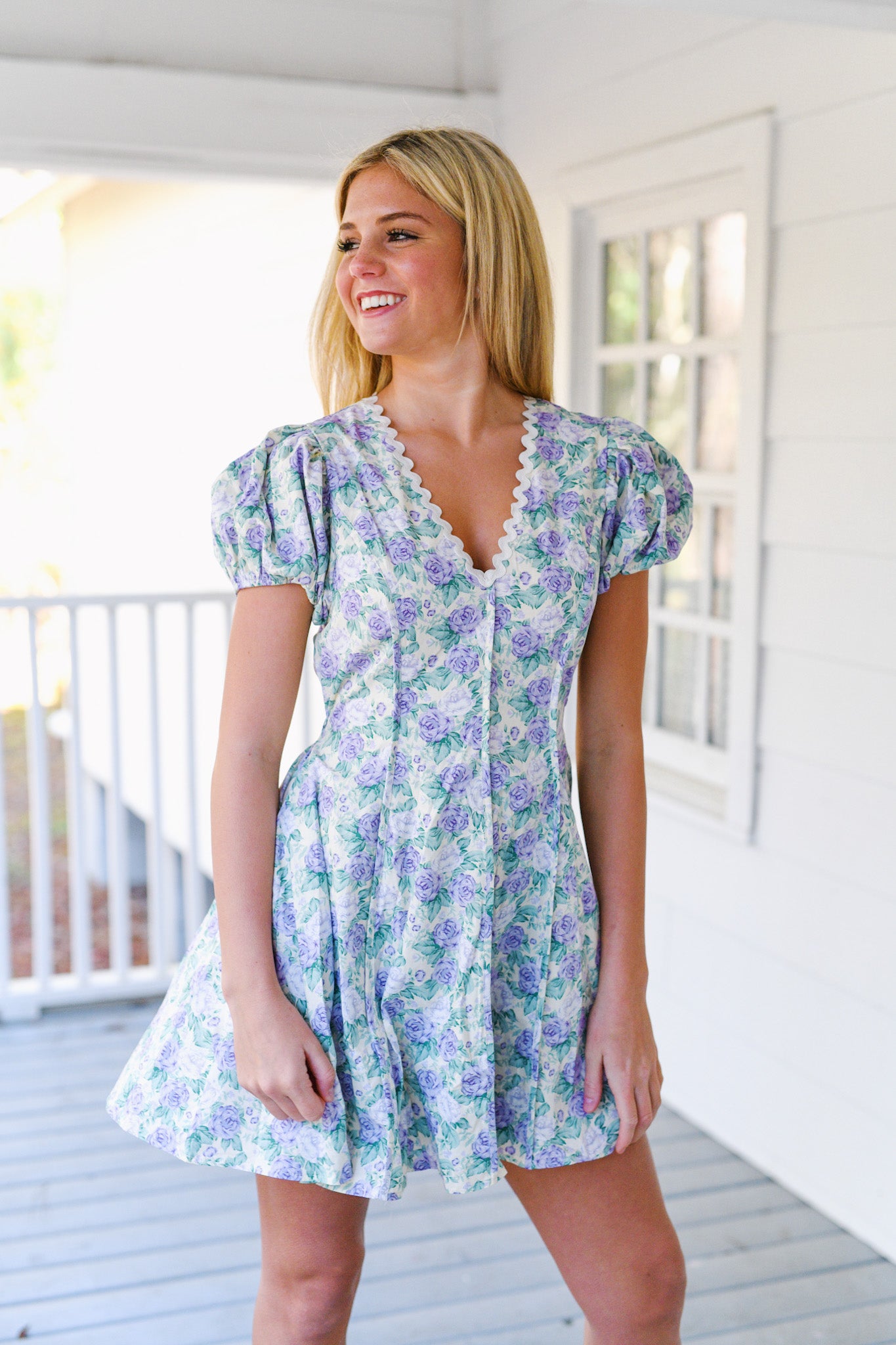 Emily Floral Print Puff Sleeve Dress - Lavender Floral