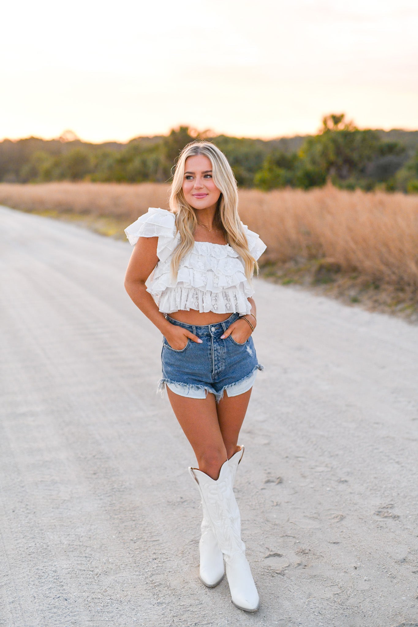 Kallie Lace Ruffled Crop Top - White