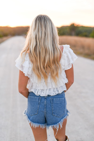 Kallie Lace Ruffled Crop Top - White