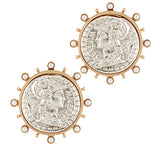 Twotone Coin Clip On Earrings - Worn Silver