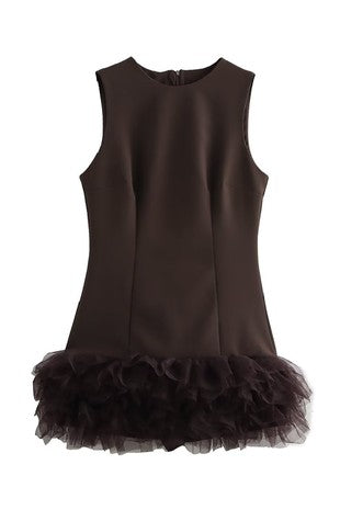 Blair Solid Sleeveless Mini Ruffle Dress - Brown