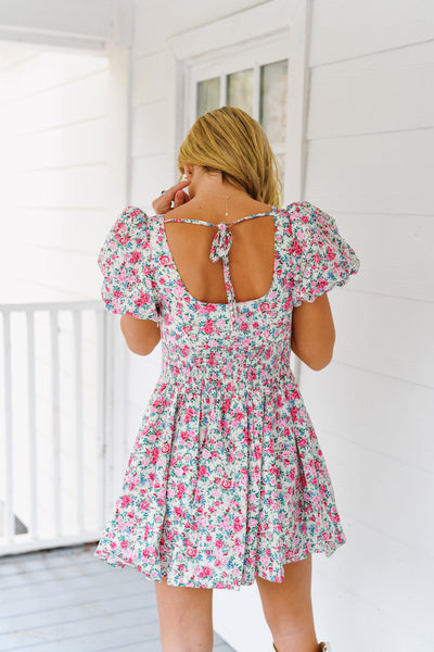 Madison Floral Puff Sleeve Square Neck Mini Dress - Off White