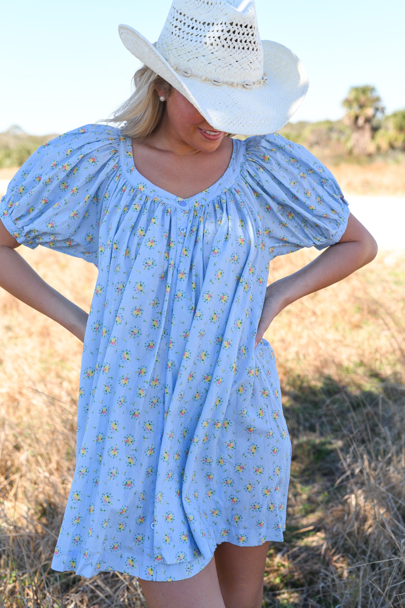 Hallie Puff Sleeve Floral Dress - Blue