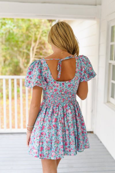 Madison Floral Puff Sleeve Square Neck Mini Dress - Blue