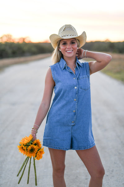 Marley Denim Sleeveless Romper - Medium Denim