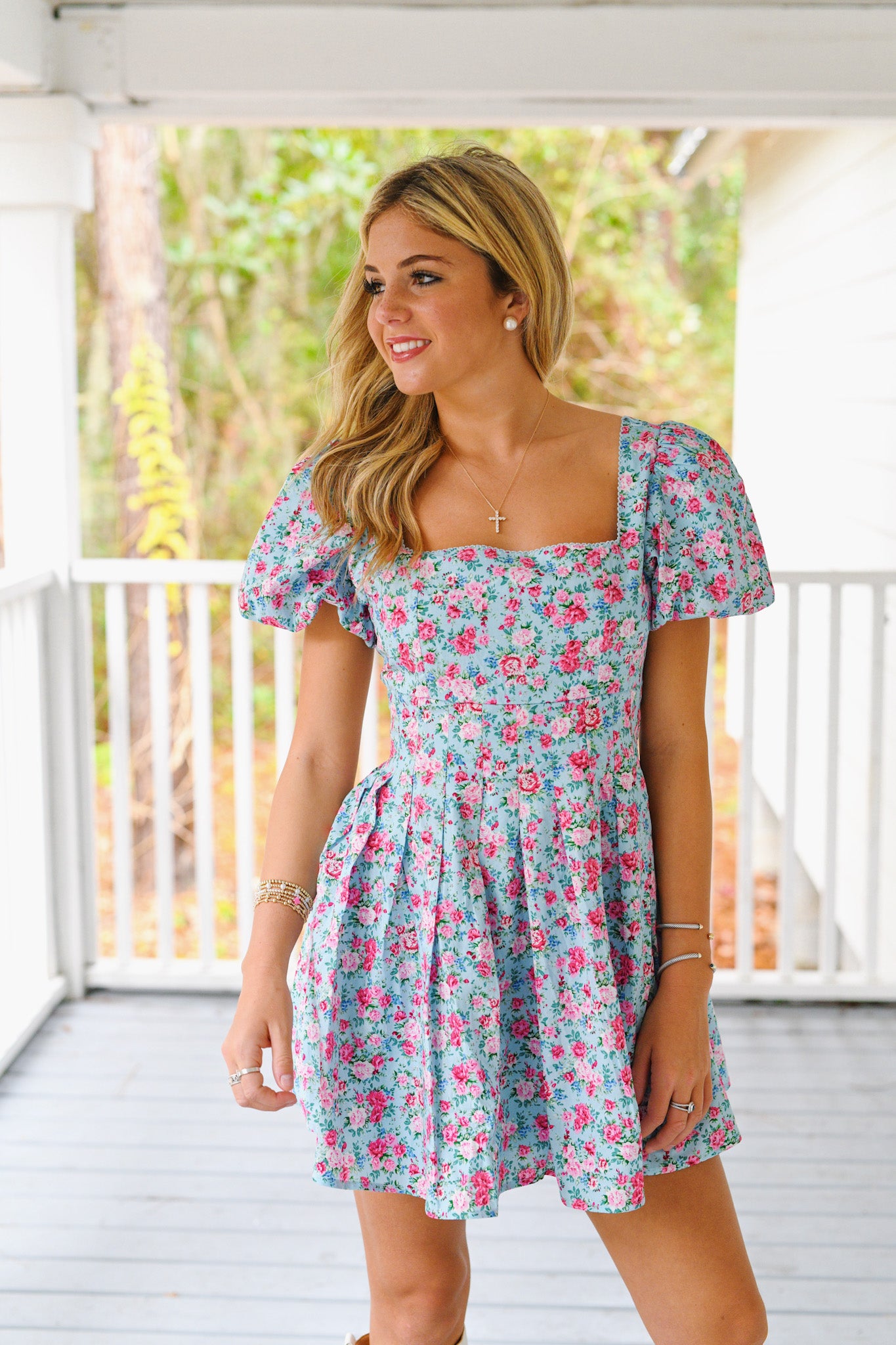 Madison Floral Puff Sleeve Square Neck Mini Dress - Blue