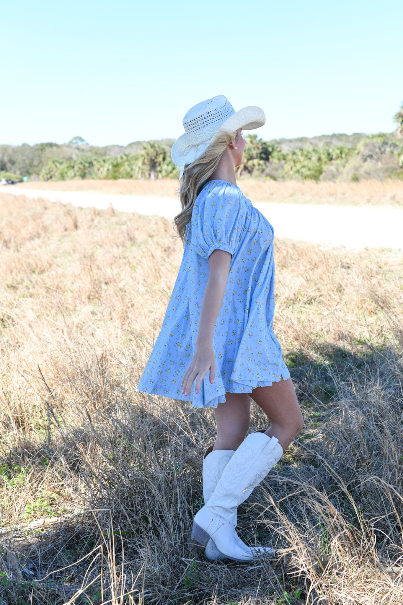 Hallie Puff Sleeve Floral Dress - Blue