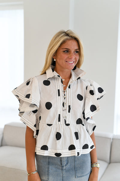 Maci Polka Dot Ruffle Sleeve Top-Ivory/Black