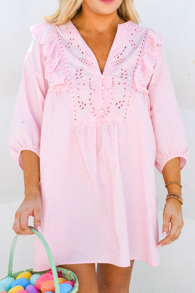 Madi Button Down Eyelet Ruffle Dress - Light Pink