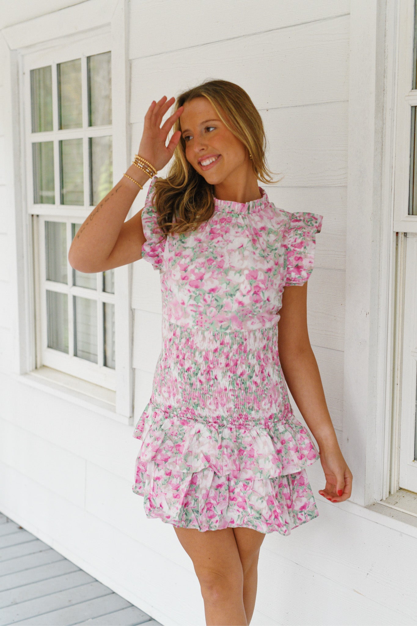 Ava Floral Print Smocked Dress - Pink